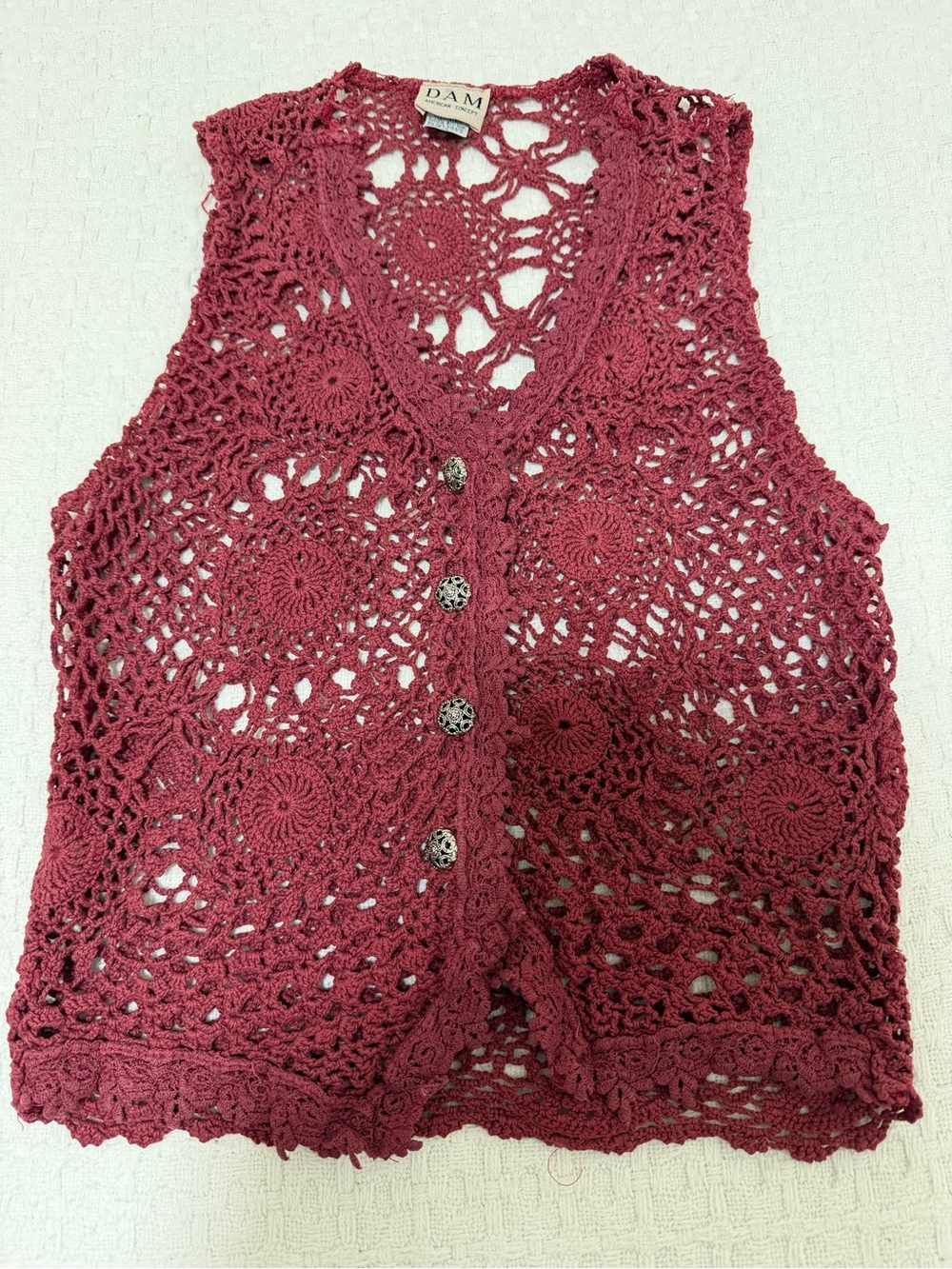 Crochet Button-Front Sleeveless Top - Wine Pink